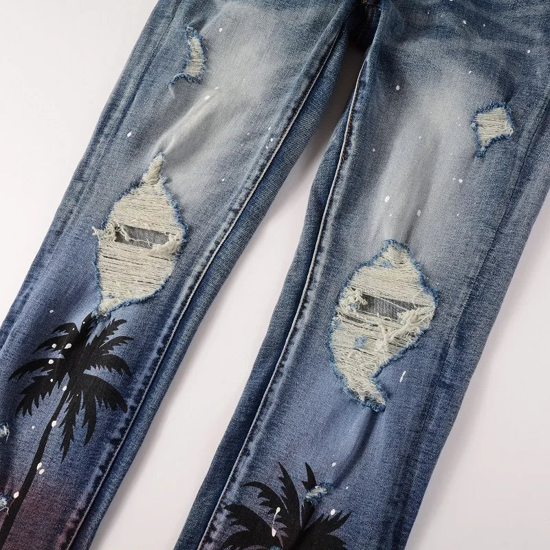high street printed ripped holes denim jeans mens casual slim fit biker zipper trousers streetwear hip hop jean pants joggers unique joggers style 2452