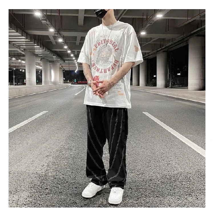 fashion design lines denim jeans mens zipper loose straight trousers hip hop new casual streetwear pants joggers baggy jeans unique joggers style 421