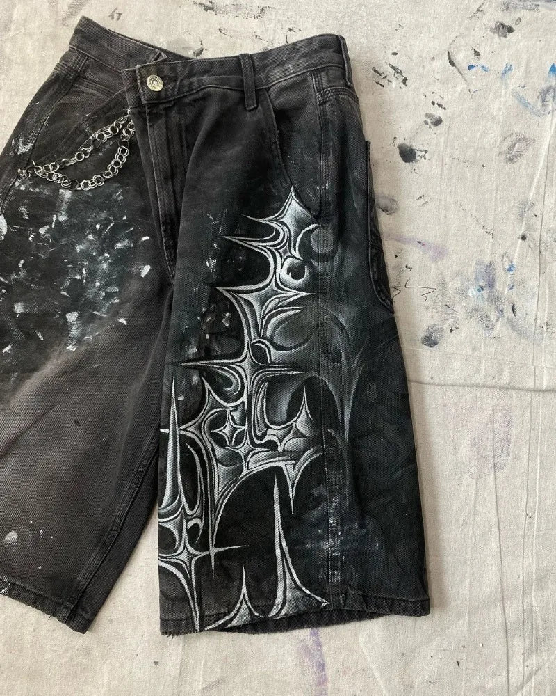 y2k american street retro graffiti anime print oversized denim shorts men shorts high waist fashion loose casual wide leg pants unique jeans style 3374