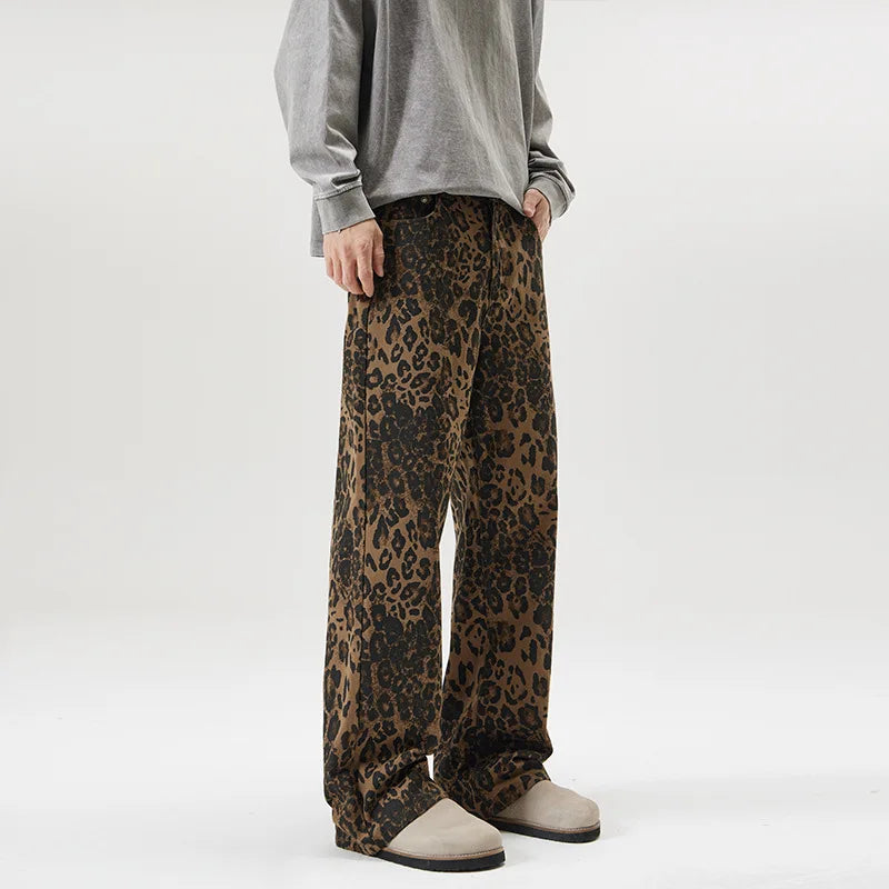 men leopard print denim loose casual plus size baggy jeans women streetwear hip hop straight y2k jeans pants trousers stacked flare jeans