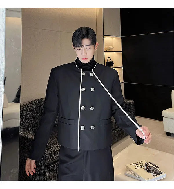 men double breasted drawstring collar loose casual fashion short jacket male korean streetwear vintage coat man unique shorts style 371