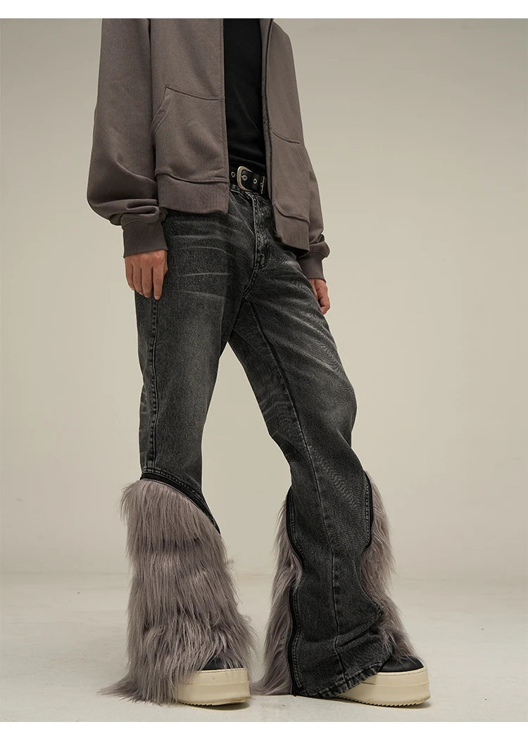harajuku denim straight jeans men trousers high street zipper detachable fur bottom streetwear casual loose joggers jean pants unique joggers style 2964