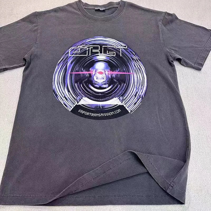 New Vintage Wash T Shirts Men Woman Abstract Luminescence Blue Ribbon Future Warrior Printing Loose Casual Top Tees Street King Limited