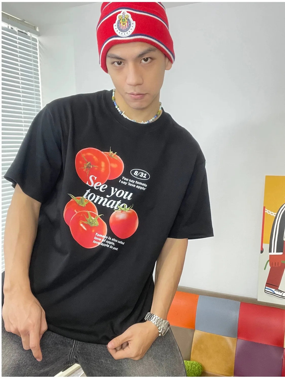 Tomato print pure cotton short-sleeved T-shirt, fun and cute men and women niche fashion brand Korean style college style top Street King Limited