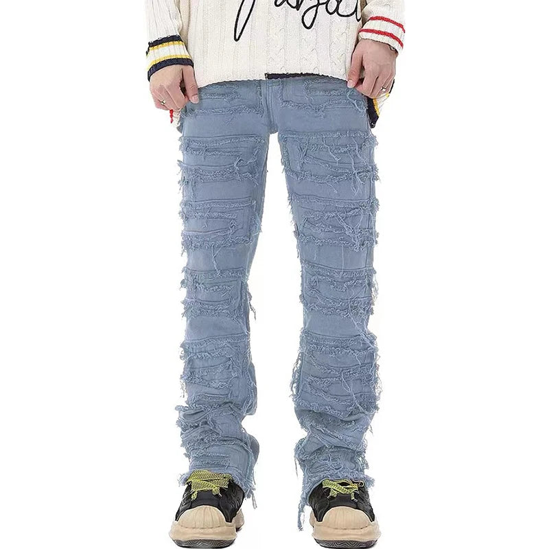 tassel hole spliced european and american straight leg denim pants new popular patch jeans mens wear urban skinny jeans