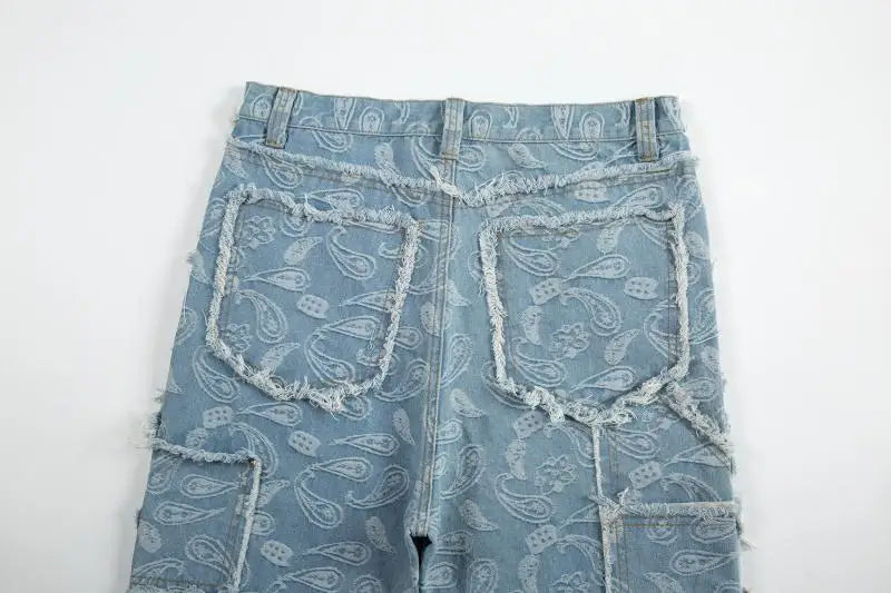 vintage high street washed light blue flared jeans cashew flower jacquard pattern rough edge jeans pants for men and women unique jeans style 932