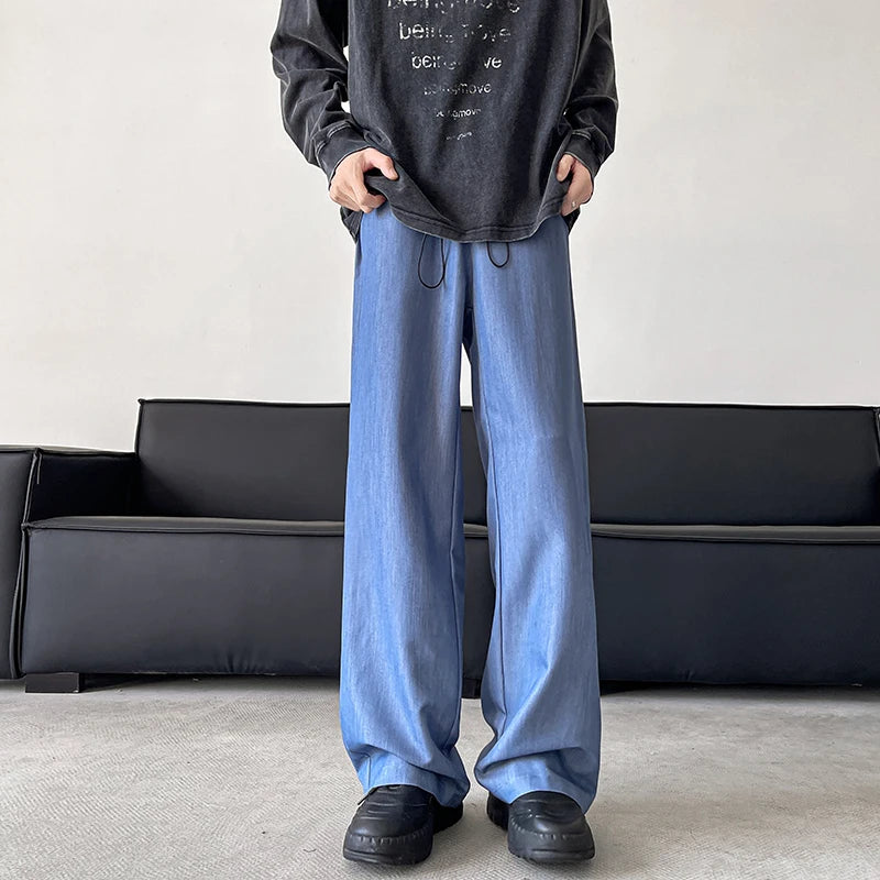blue gray black elastic waist suit pants men fashion society pants korean loose straight casual pants mens office trousers relaxed fit trousers