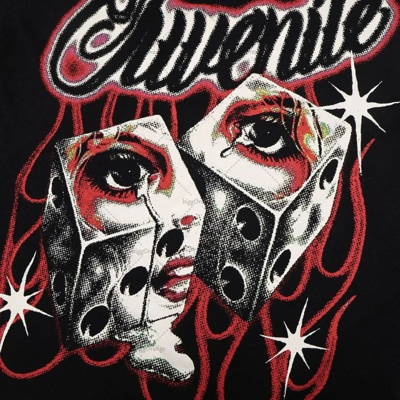 Trendy Brand Rock Punk Streetwear Y2K Harajuku Gothic Retro Pattern Printed Oversized T-shirt Men American Hip-hop Casual Tops Street King Limited