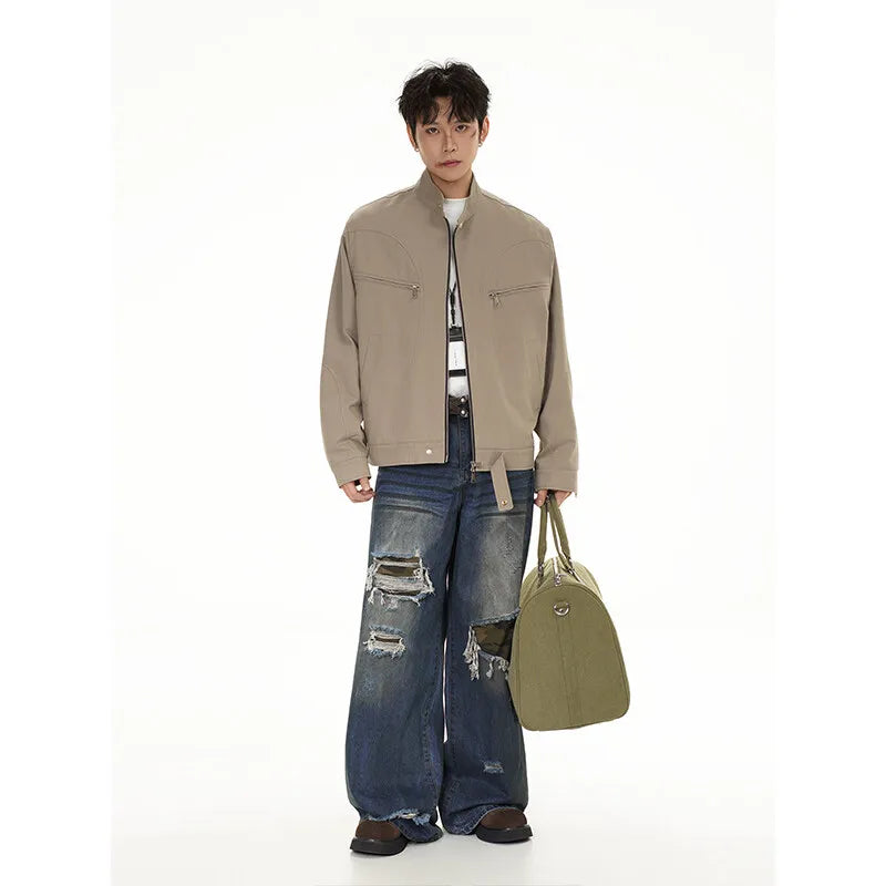 spring autumn fashion motorcycle jacket men stand collar loose casual korean streetwear vintage cargo jackets coat outerwear multi-pocket cargos
