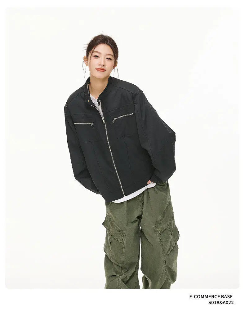 men retro casual stand collar streetwear fashion loose lightweight short motorcycle jacket women spring autumn coat outerwear unique shorts style 416
