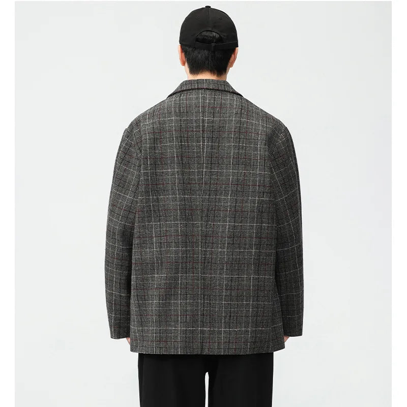 men autumn winter retro casual plus size thick plaid blazer jacket commuter man business streetwear fashion suit coat outerwear menswear bottoms