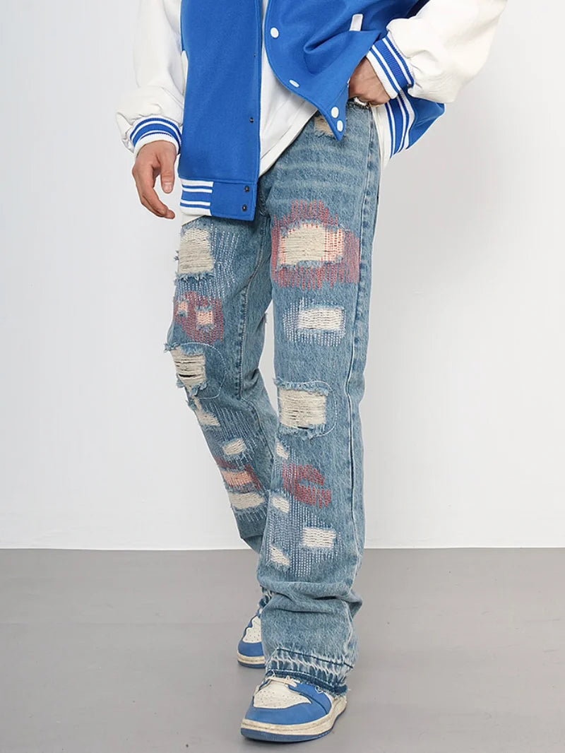destroyed ripped jeans straight jean pants men biker jeans fashion zipper streetwear trousers hip hop pants joggers baggy jeans relaxed fit joggers