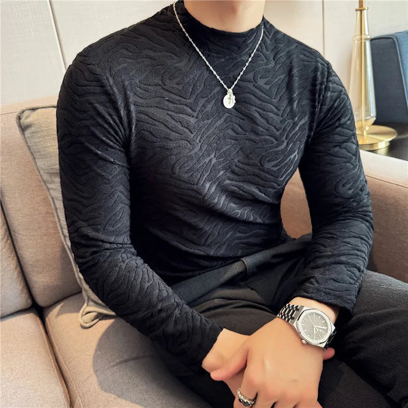 Semi-turtleneck Stretch Slim Fit T Shirt Men Long Sleeve Thicken Velvet Tiger-pattern Bottom T-shirt Business Casual Tshirt Street King Limited