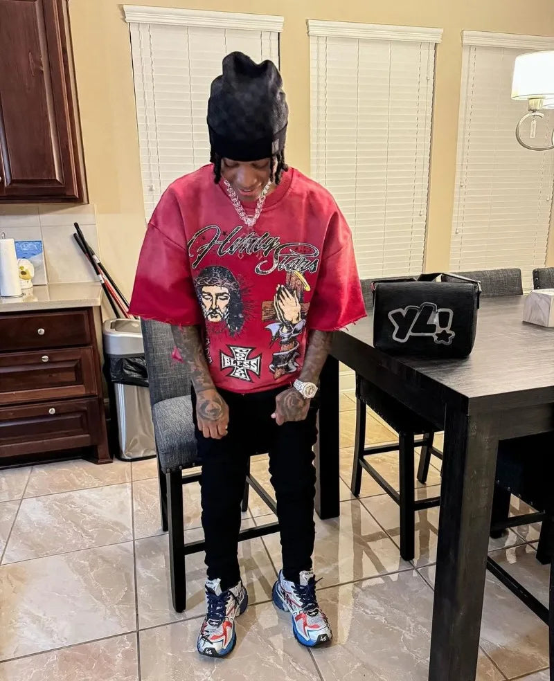 Trendy Brand Fashion Versatile Loose Half-sleeved Top Men Y2k Harajuku Hip-hop Rock Anime Cartoon Printed Short-sleeved T-shirt Street King Limited