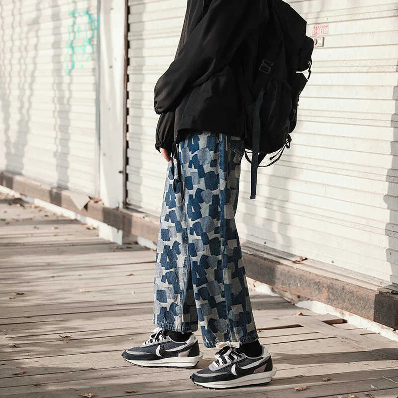american plaid straight jeans mens casual streetwear printed denim pants autumn baggy classic wide leg retro y2k jean trousers urban skinny jeans