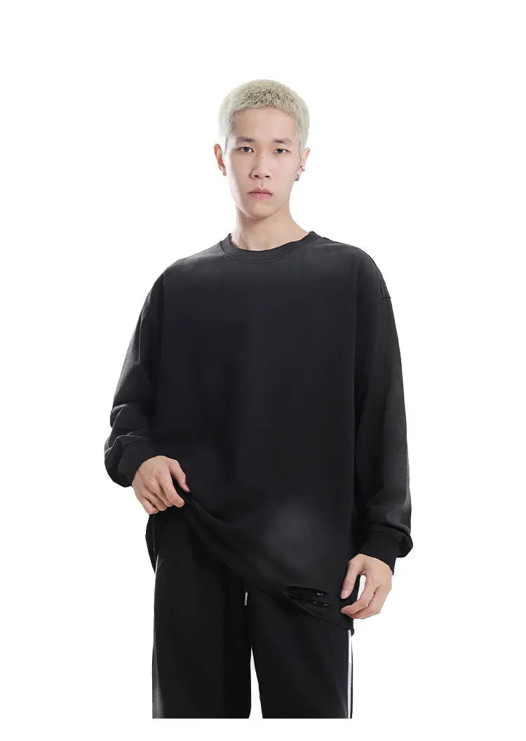 Men's Streetwear Hole Washed Cotton Long Sleeve Loose Casual T Shirt Tiki Y2k Clothes Oversized T-shirt for Men Tops Tshirt Street King Limited