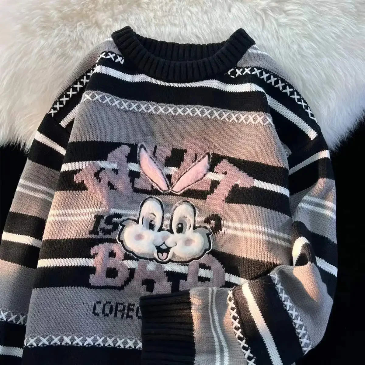 Sweet cool bunny striped knitted sweater for women in autumn and winter loose outer wear lazy style soft and waxy milk kawaii Street King Limited