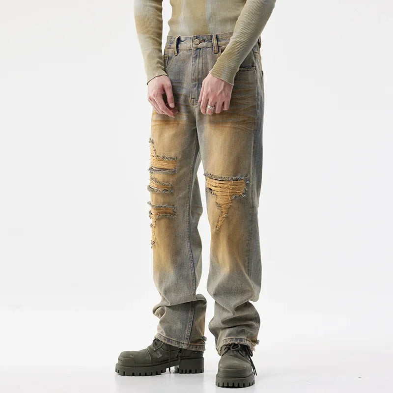 men patch hole distressed plus size denim pant ripped jeans streetwear fashion hip hop vibe loose casual baggy jeans trousers 40 vintage washed jeans