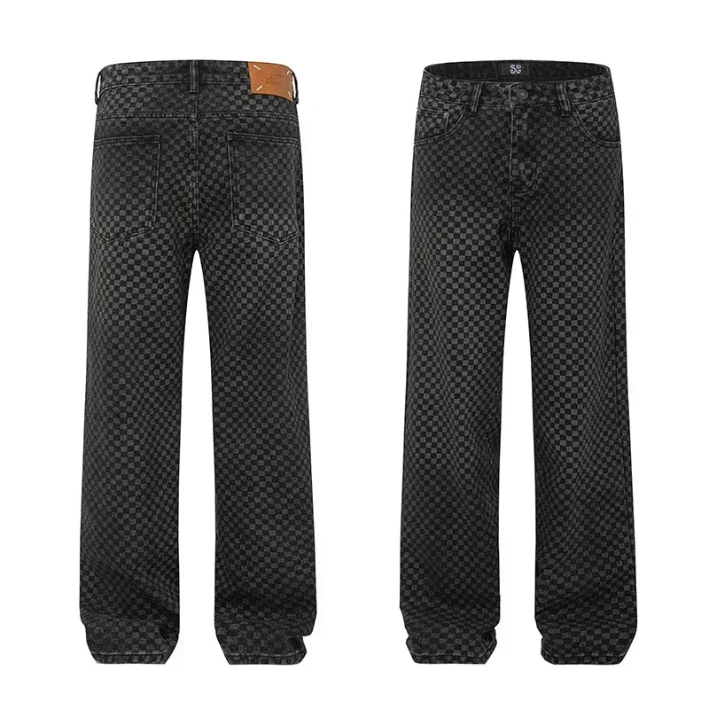 men streetwear fashion hip hop loose casual print black plaid denim pant jeans man vibe straight cowboy baggy jeans trousers unique jeans style 1442
