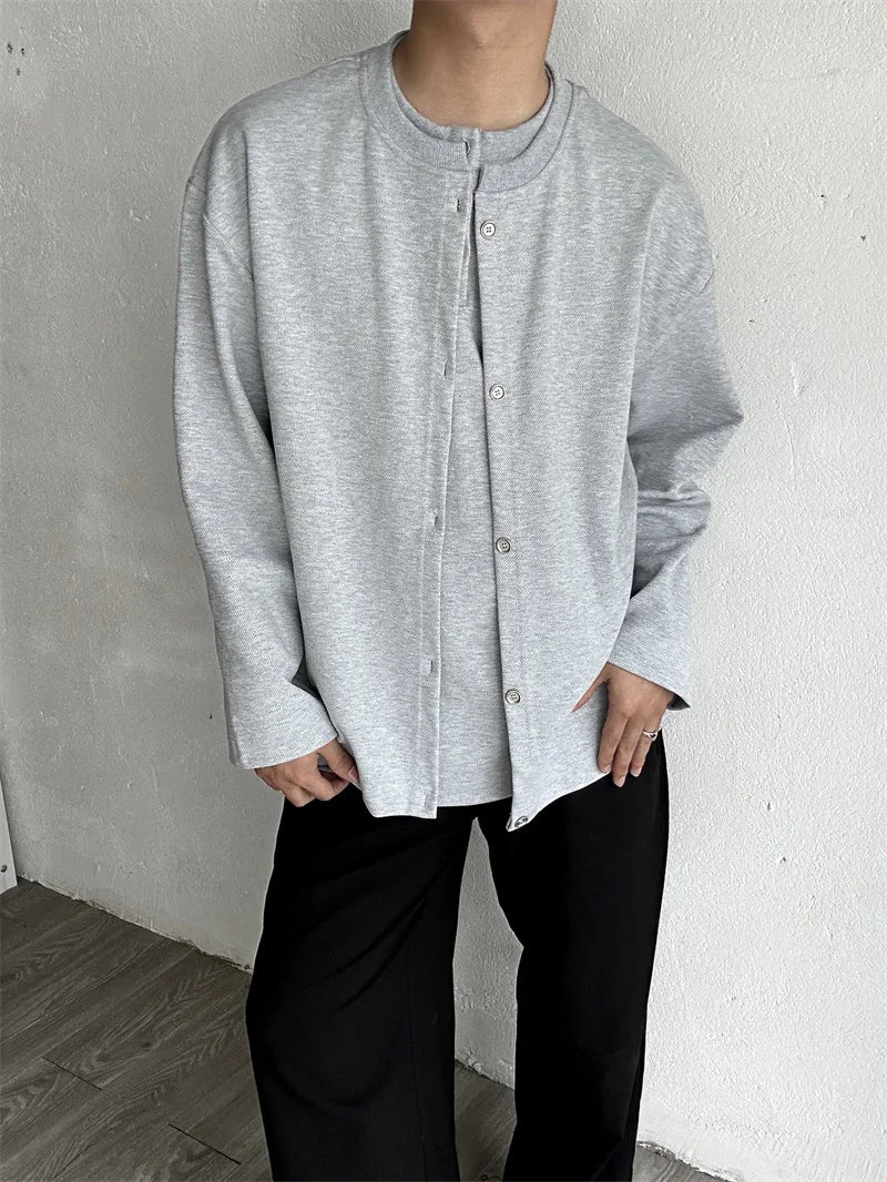 Streetwear New Casual Fake Two Piece Sweatshirts For Men Solid Color Henley Neck 2024 New Casual Fake Two Piece Sweatshirts For Men Solid Color Henley Neck Button Jackets Korean Fashion Loose Y2K Sudaderas Fashion Sweater Jacket With Graphic Design For Men