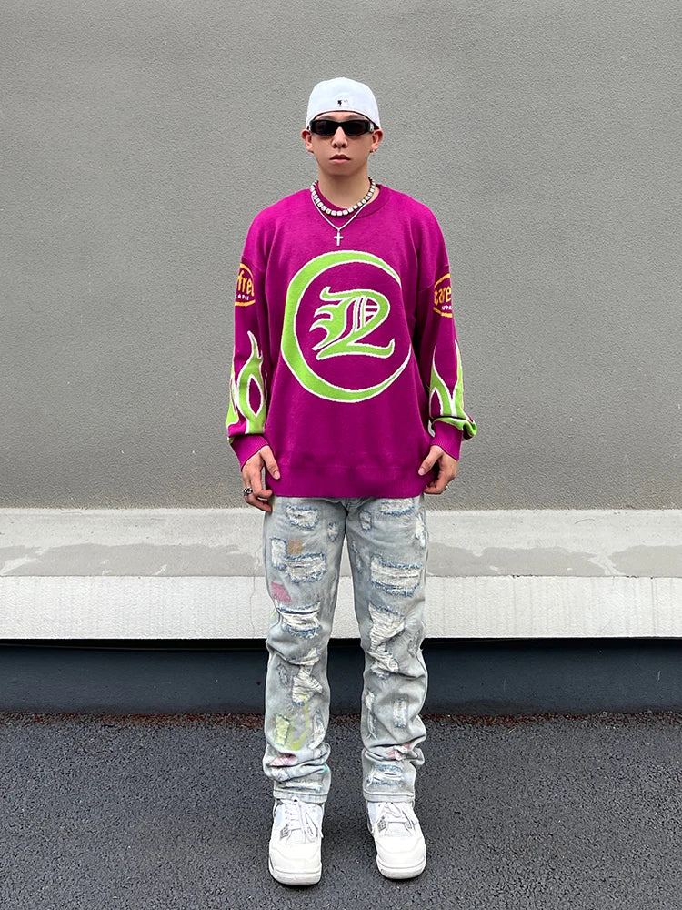 Hip Hop Knitted Sweater Men Letter Fire Pattern O-neck Pullover Streetwear Casual Loose Sweater Unisex Harajuku Jumpers Knitwear Street King Limited