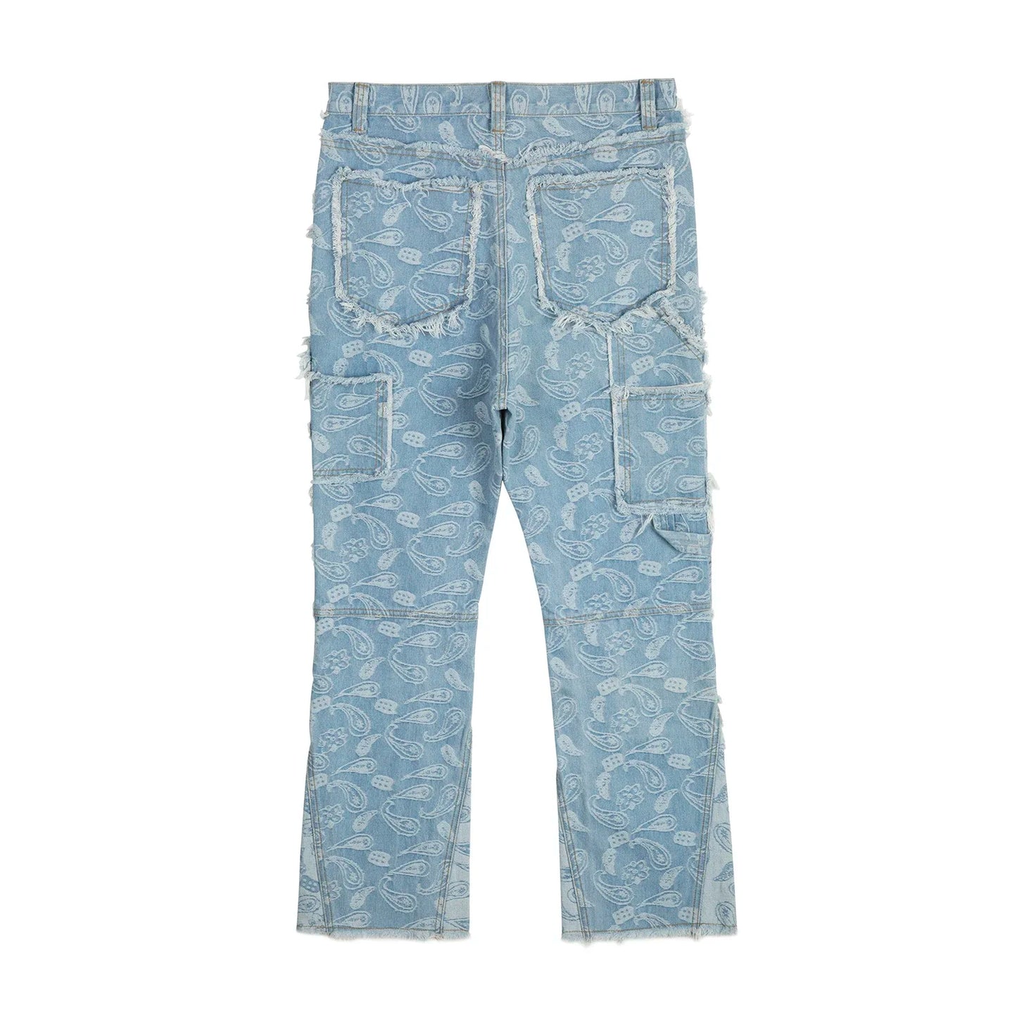 vintage high street washed light blue flared jeans cashew flower jacquard pattern rough edge jeans pants for men and women stacked flare jeans