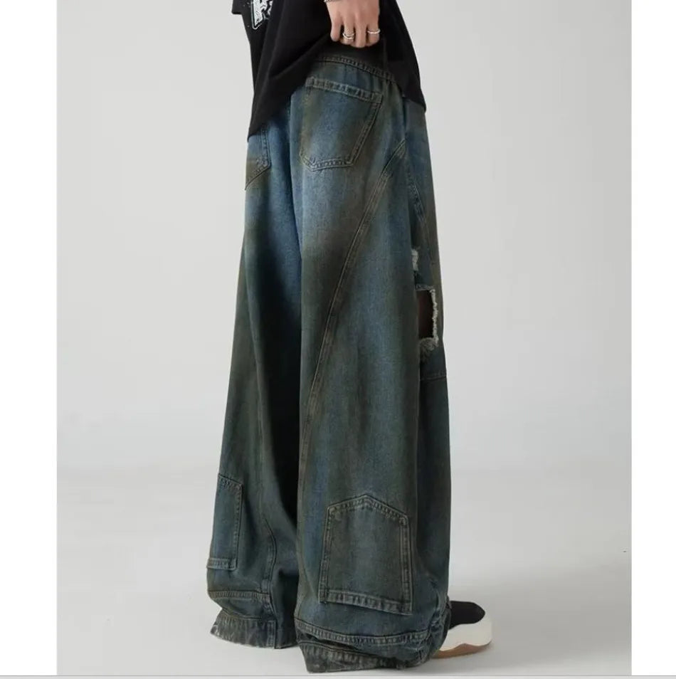 Summer High Street Hip Hop Jeans Mens Halo Dye Hole Washed Straight Denim Pants Loose Silhouette Retro Micro Flared Trousers Street King Limited