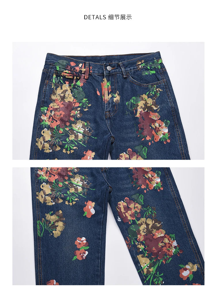 graffiti floral printed denim jean mens new casual zipper biker jeans fashion high street slim fit pants joggers hip hop jeans unique joggers style 564