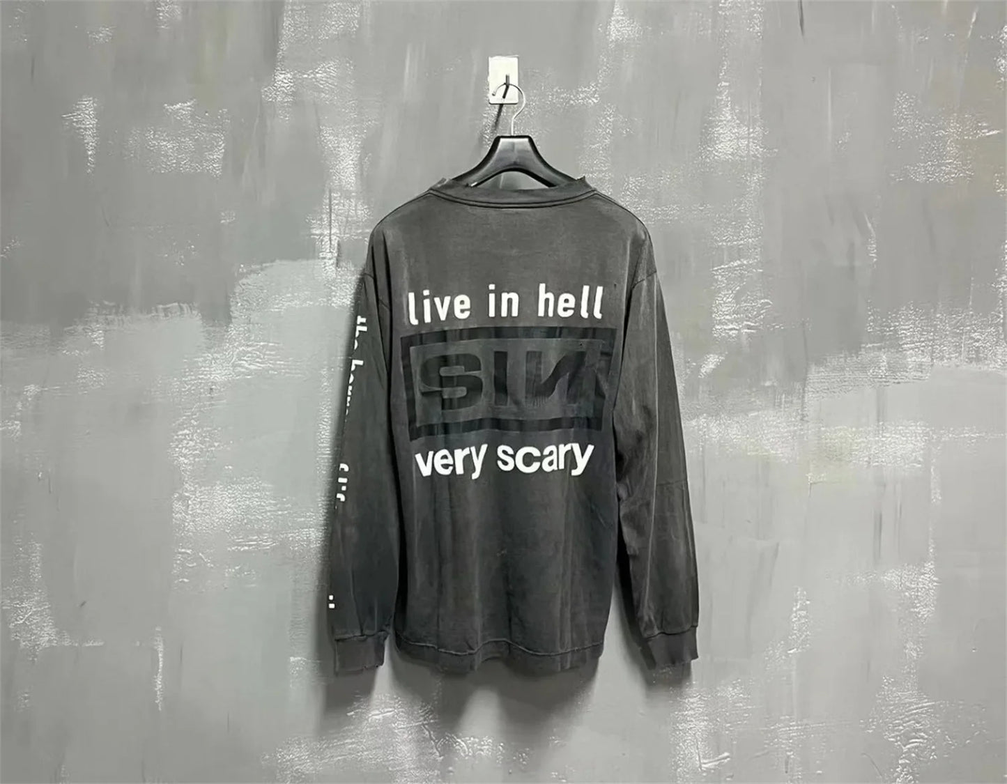 Summer Retro Vintage SIN Print High-Street Distressed Worn Cotton Casual Loose Long Sleeve T-Shirt Pullover Street King Limited