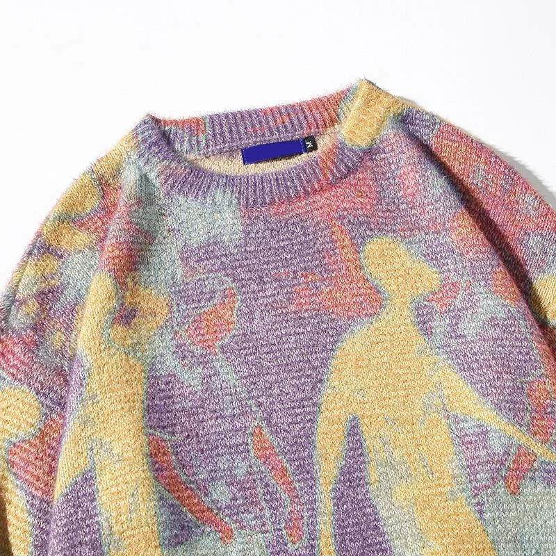 Rainbowtouches Men Sweater High Street Printing Graffiti Purple Pullover Vintage Round Neck Knitted Sweater Spring And Autumn Street King Limited
