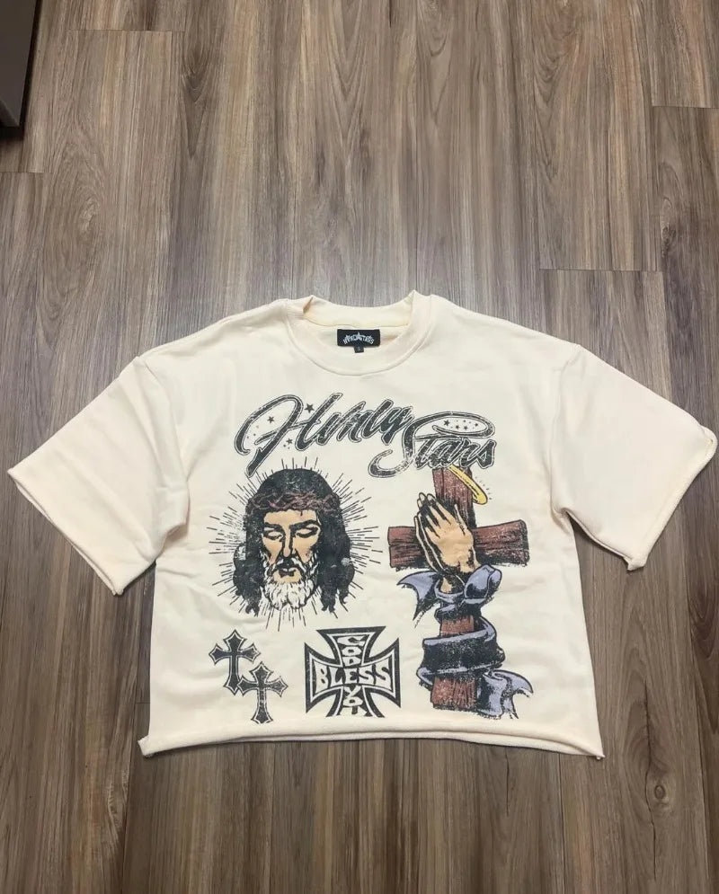 Trendy Brand Fashion Versatile Loose Half-sleeved Top Men Y2k Harajuku Hip-hop Rock Anime Cartoon Printed Short-sleeved T-shirt Street King Limited