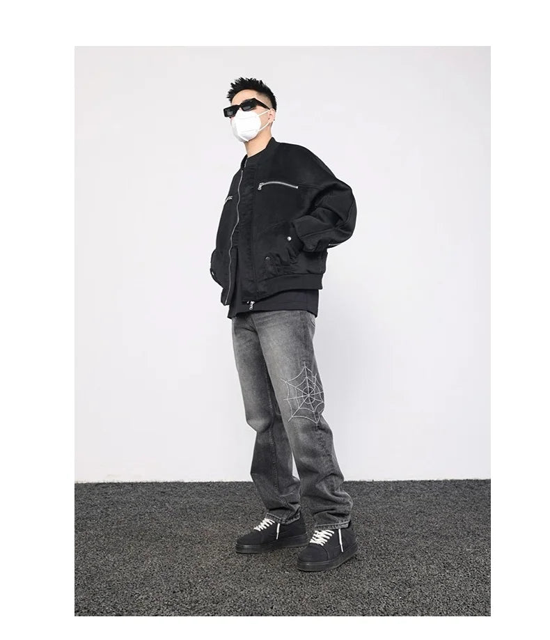 mens hip hop streetwear denim pants cobweb embroidery denim pants 2023 harajuku zipper cotton joggers jeans trousers harem pants unique joggers style 924