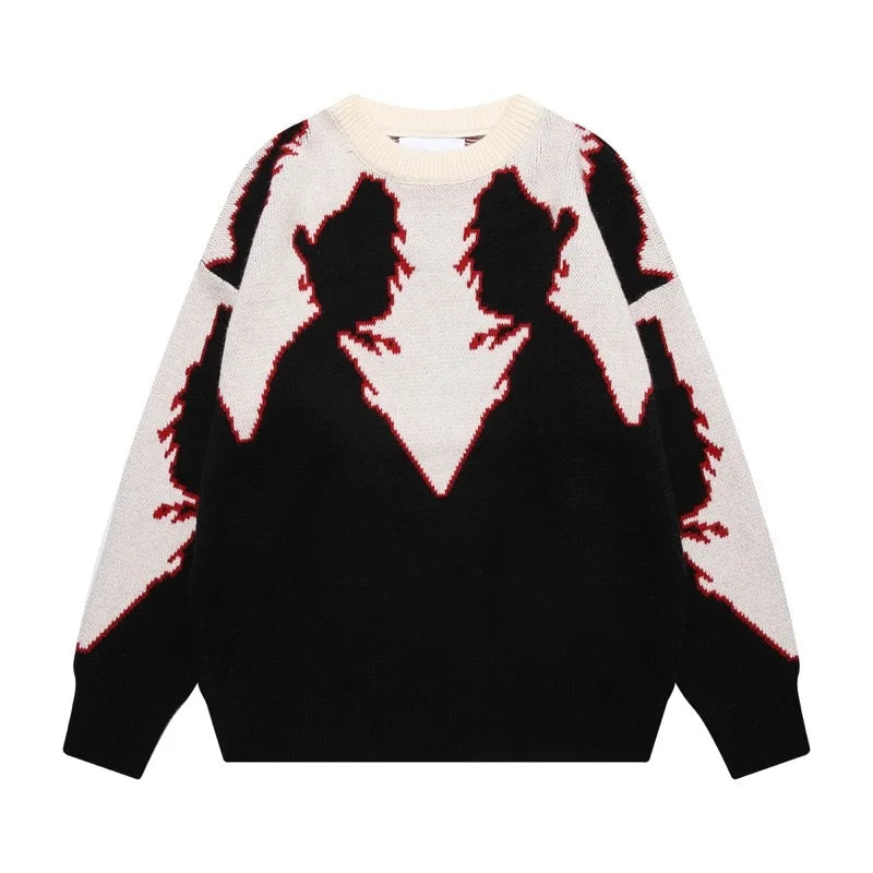Hip Hop Knitted Sweater Men Autumn Winter O-neck Anime Pattern Pullover Streetwear Casual Loose Sweaters Unisex Jumpers Knitwear Street King Limited