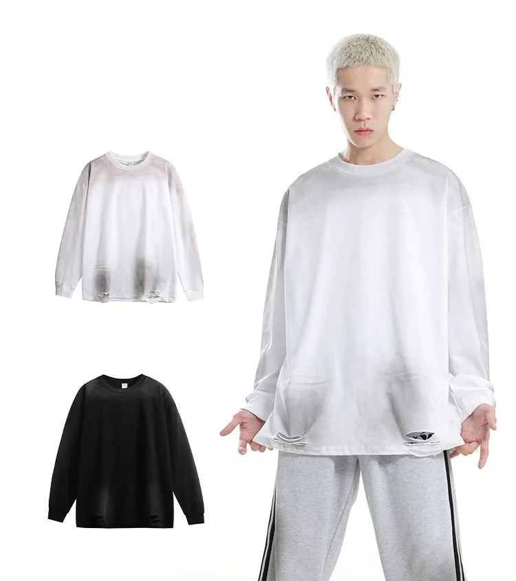 Men's Streetwear Hole Washed Cotton Long Sleeve Loose Casual T Shirt Tiki Y2k Clothes Oversized T-shirt for Men Tops Tshirt Street King Limited