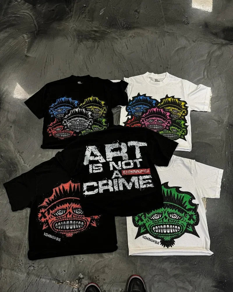 American Gothic trendy cartoon pattern oversized short-sleeved T-shirt men's Y2K streetwear Harajuku casual loose couple tops Street King Limited