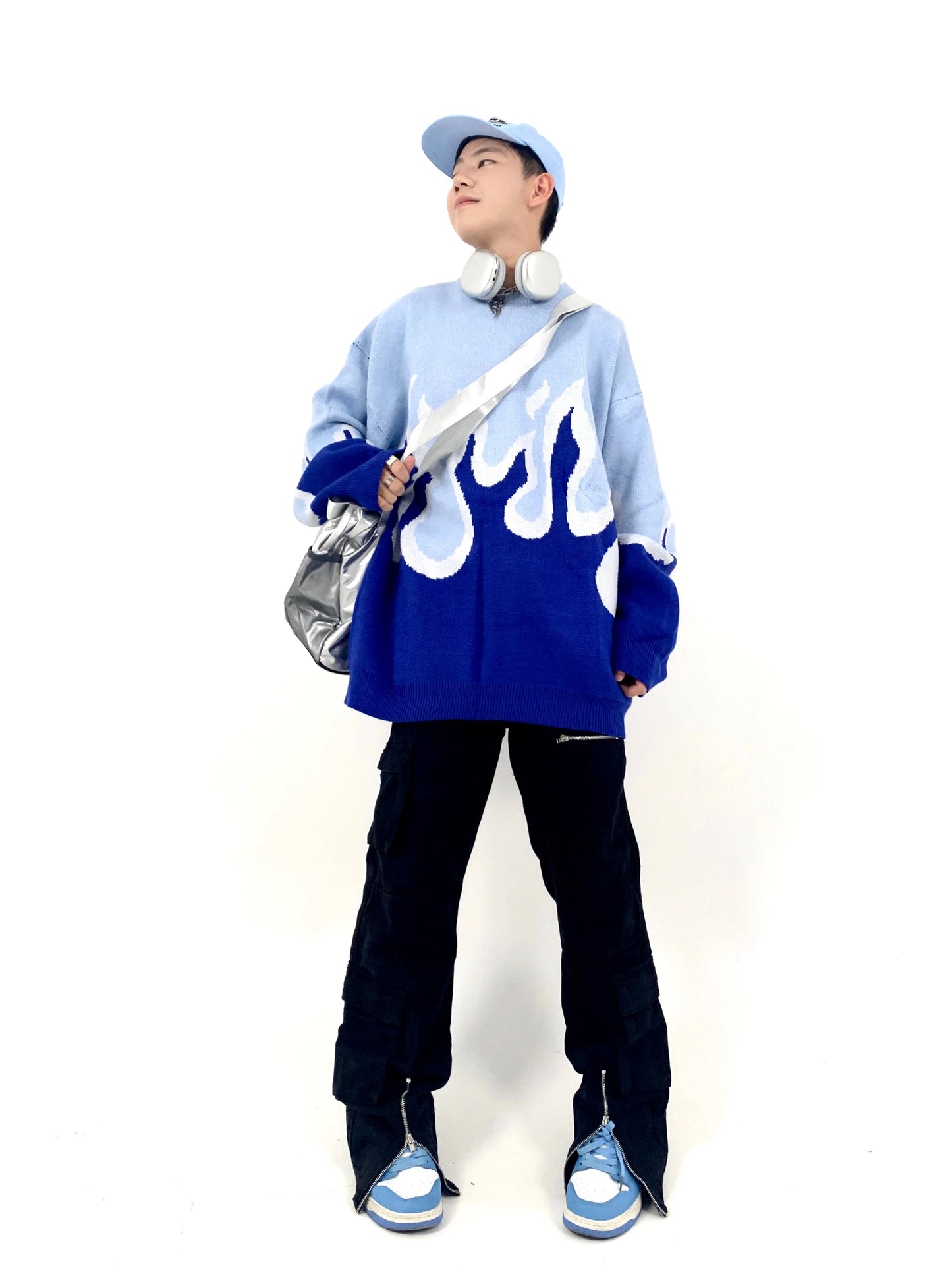Hip Hop Fire Knitted Oversized Sweater Men Autumn Winter O-neck Long Sleeve Pullover Streetwear New Loose Tops Sweaters Clothing Street King Limited
