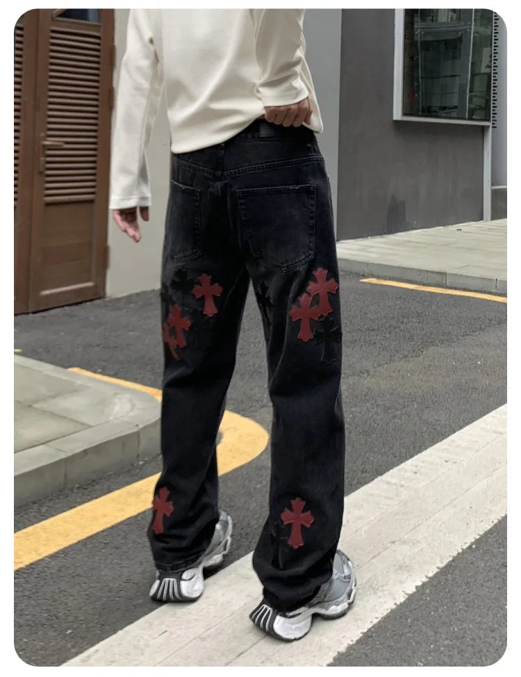 men embroidery streetwear brand fashion hip hop loose casual straight motorcycle denim jeans pant cityboy y2k jeans trousers unique jeans style 2365