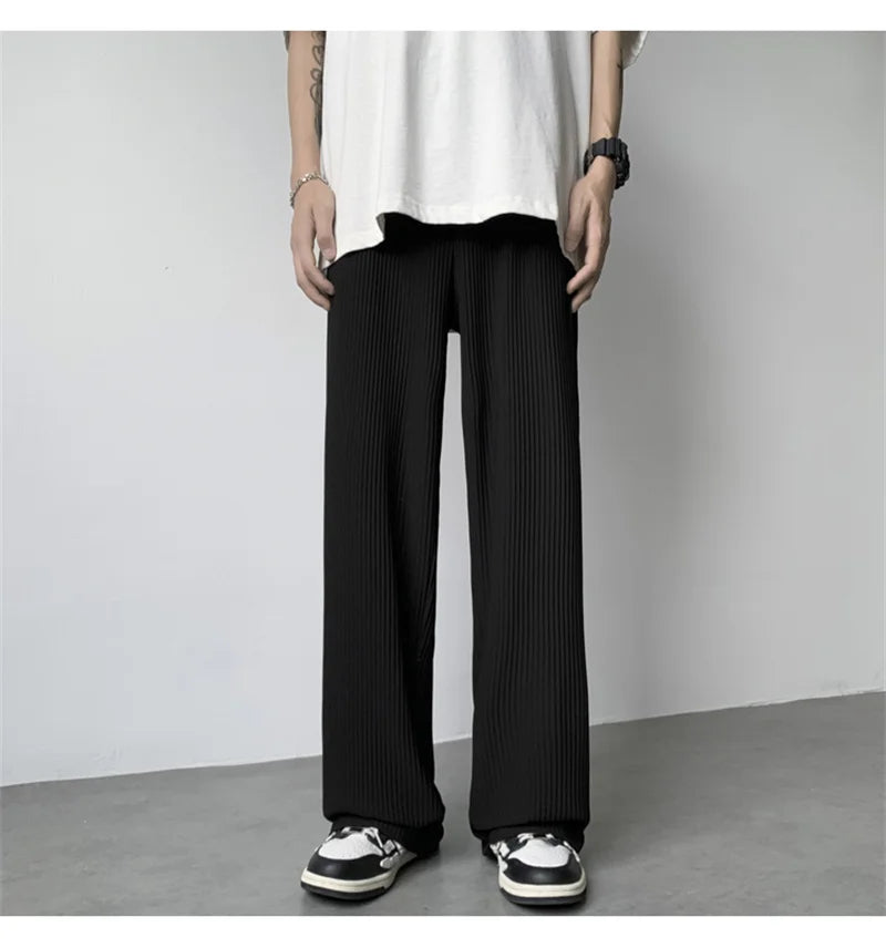 summer texture straight pants for men korean fashion baggy wide leg trousers casual drape pleated striped y2k pantalones hombre unique default style 496