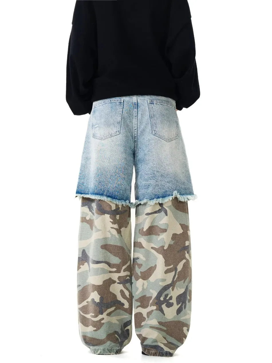 Camouflage Patchwork Jeans Mens Fake Two Items Street Punk Unisex Denim Pants Multiple Pockets Blue Size S-3XL Cowboy Trousers Street King Limited