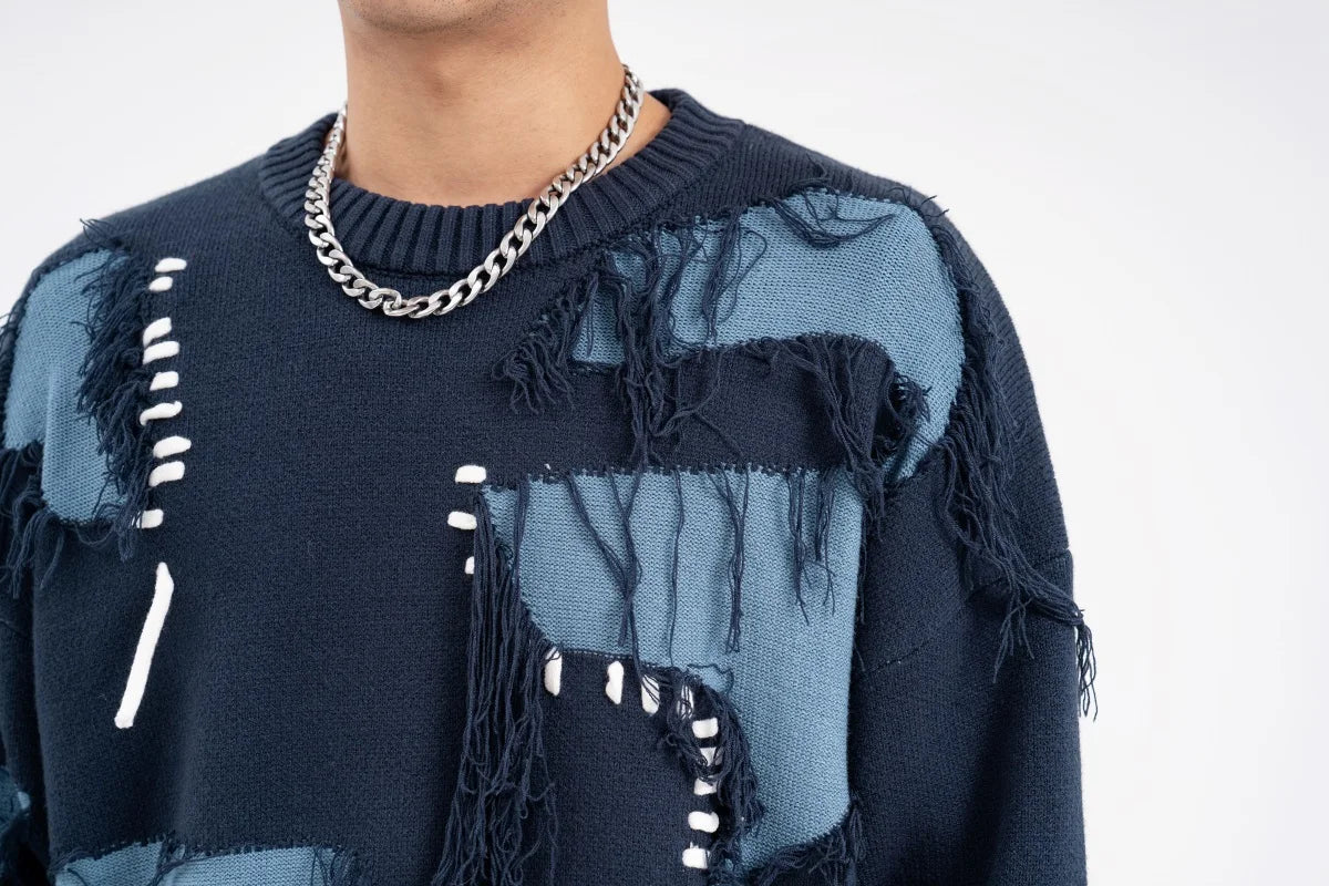Mens Knitted Sweater Fashion Tassel Irregular Block Pullovers Casual O-neck Unisex Harajuku Y2k Streetwear Loose Knit Jumpers Street King Limited