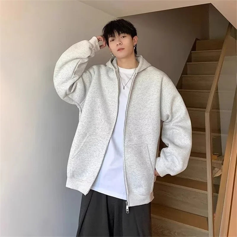 winter mens fleece zipper hooded sweatshirts 2025 new classic solid color oversized hoodies y2k streetwear outerwear tracksuit unique default style 39