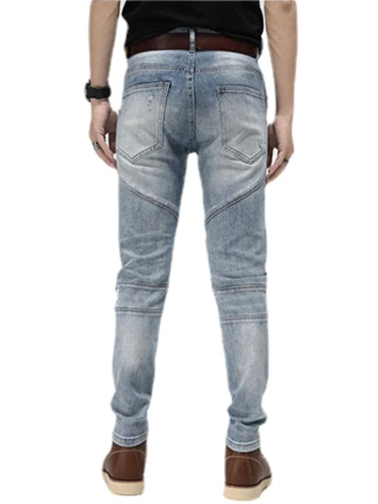 knee zipper patchwork pleated skinny denim jeans men casual slim biker trousers jeans fashion streetwear hip hop pants joggers unique joggers style 115