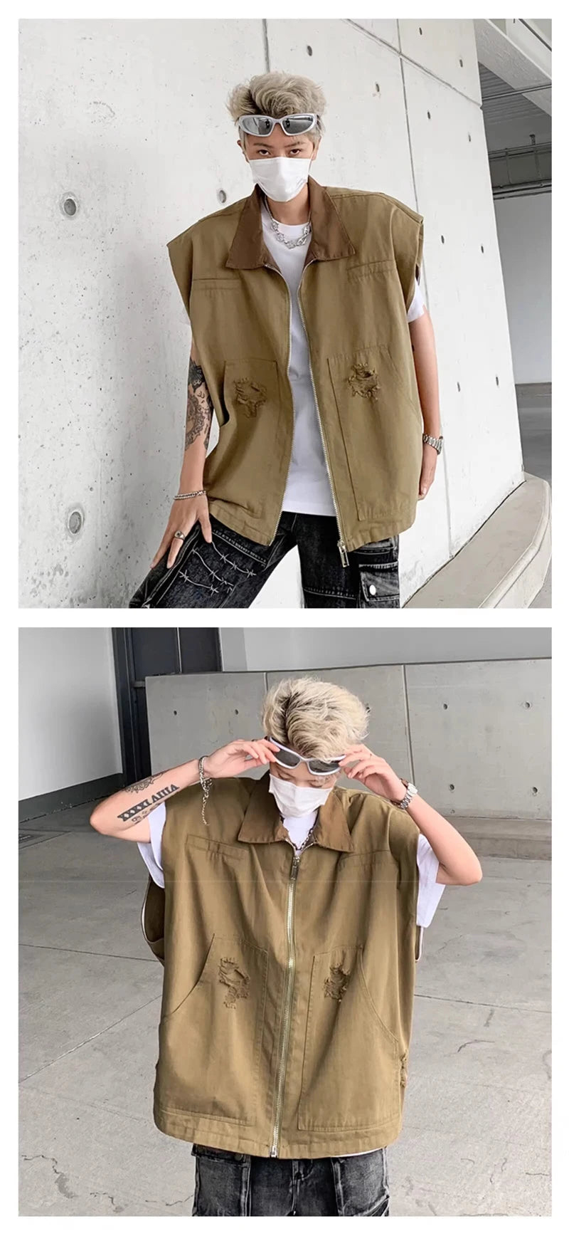 autumn mens zipper sleeveless denim jackets outwear streetwear khaki cargo vest coats 2024 new hip hop fashion working clothes unique cargo style 8