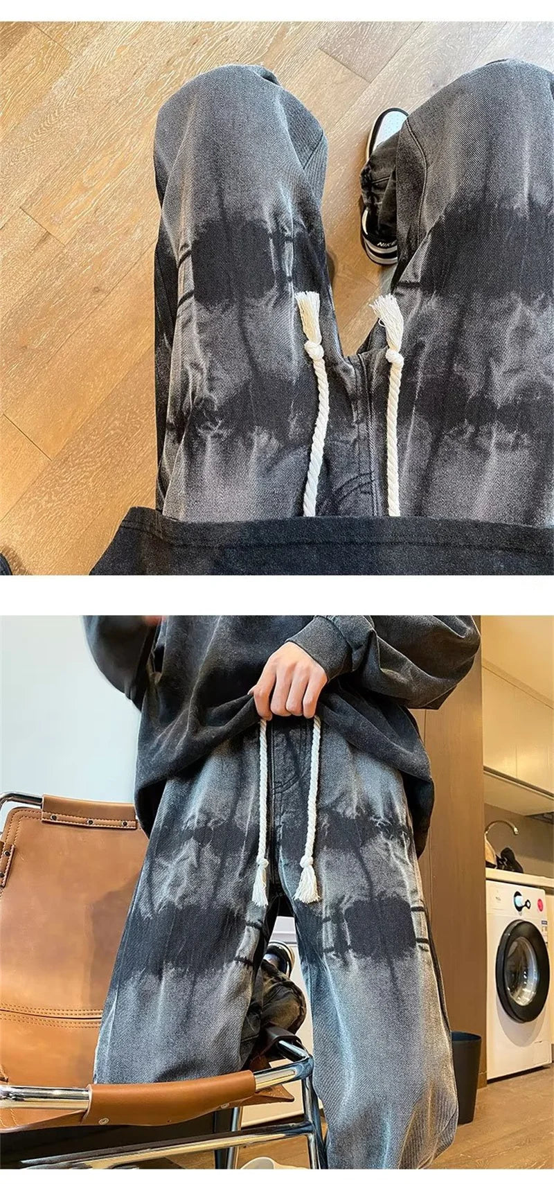 2025 new tie dye retro drawstring jeans for men baggy high street straight pants hip hop fashion casual y2k jean hombre pantalon unique jeans style 854