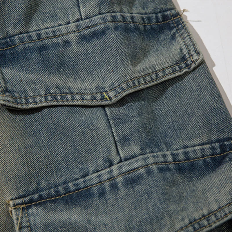 Men's Cargo Pants Multi-Pocket High Street Jeans Blue Washed Distressed Trousers Hip-Hop Straight Leg Trousers Loose Jeans Street King Limited