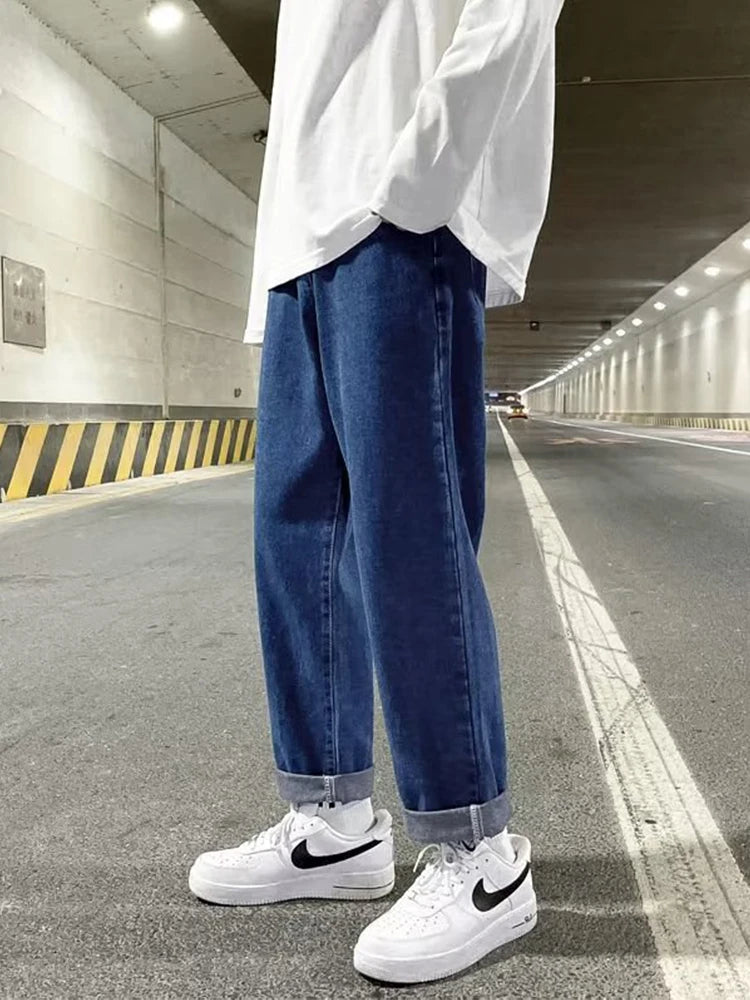 autumn korean fashion drawstring y2k jeans homme classic baggy straight wide leg pants 2025 new hip hop streetwear casual jean unique jeans style 700