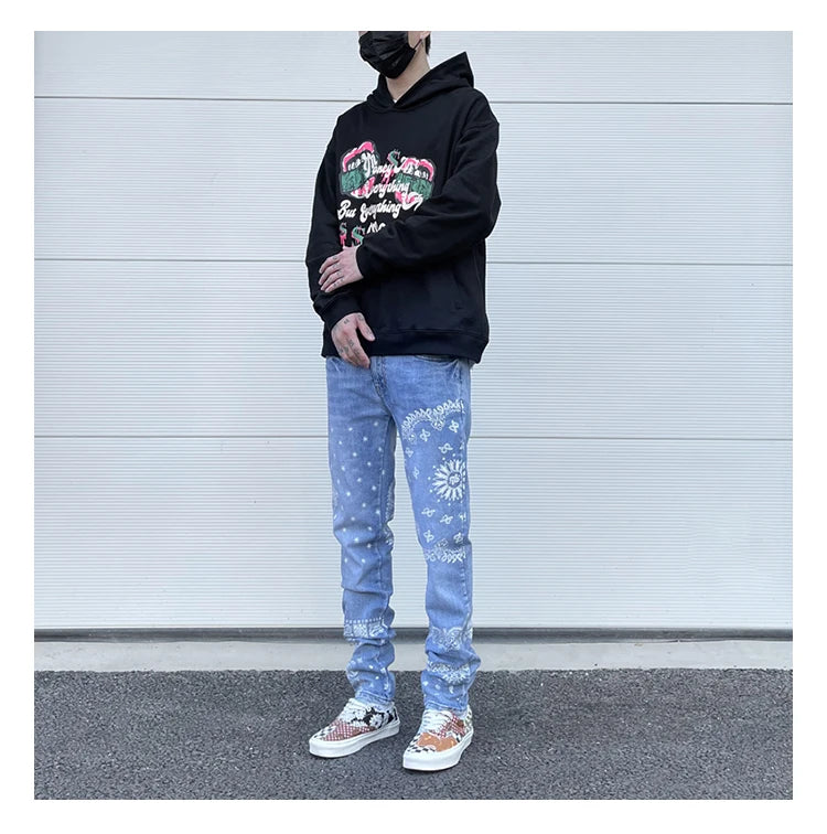 mens high street paisley print denim jeans casual hip hop distressed jeans slim fit skinny denim pants joggers streetwear men unique joggers style 266