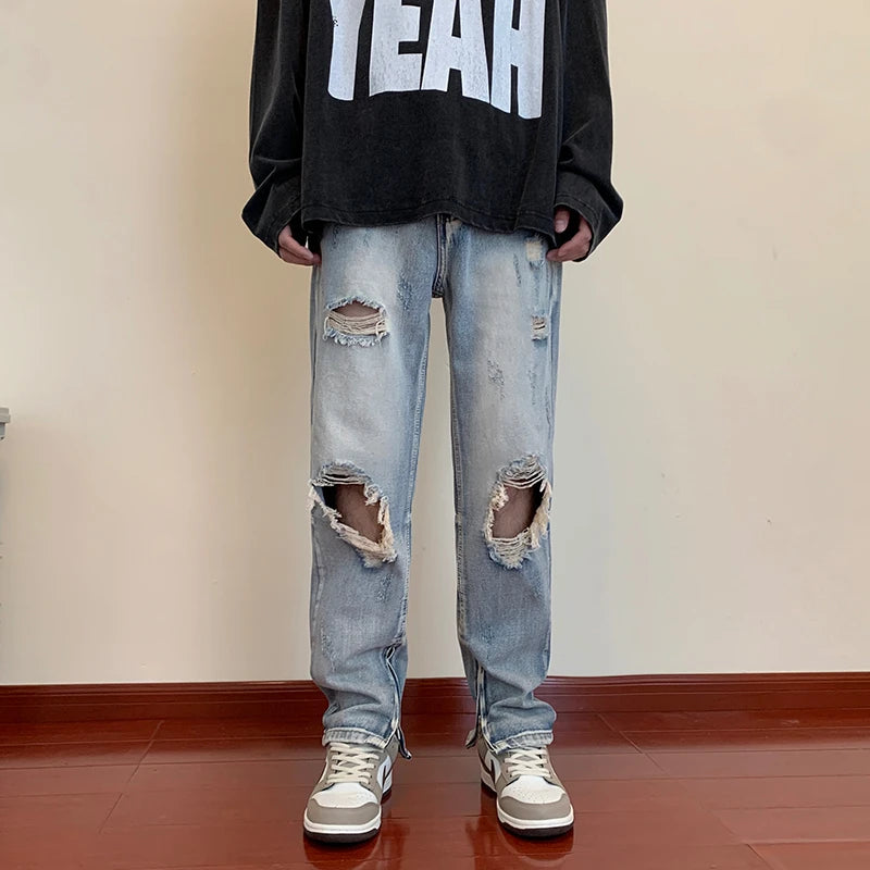 bottom zipper destroyed washed jeans skinny jeans ripped holes trousers men biker jeans fashion streetwear hip hop pants joggers sporty tapered joggers