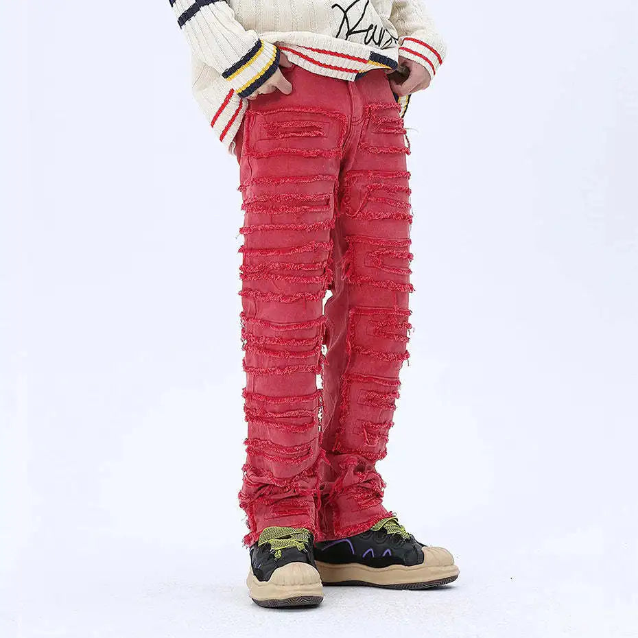 tassel hole spliced european and american straight leg denim pants new popular patch jeans mens wear unique jeans style 308