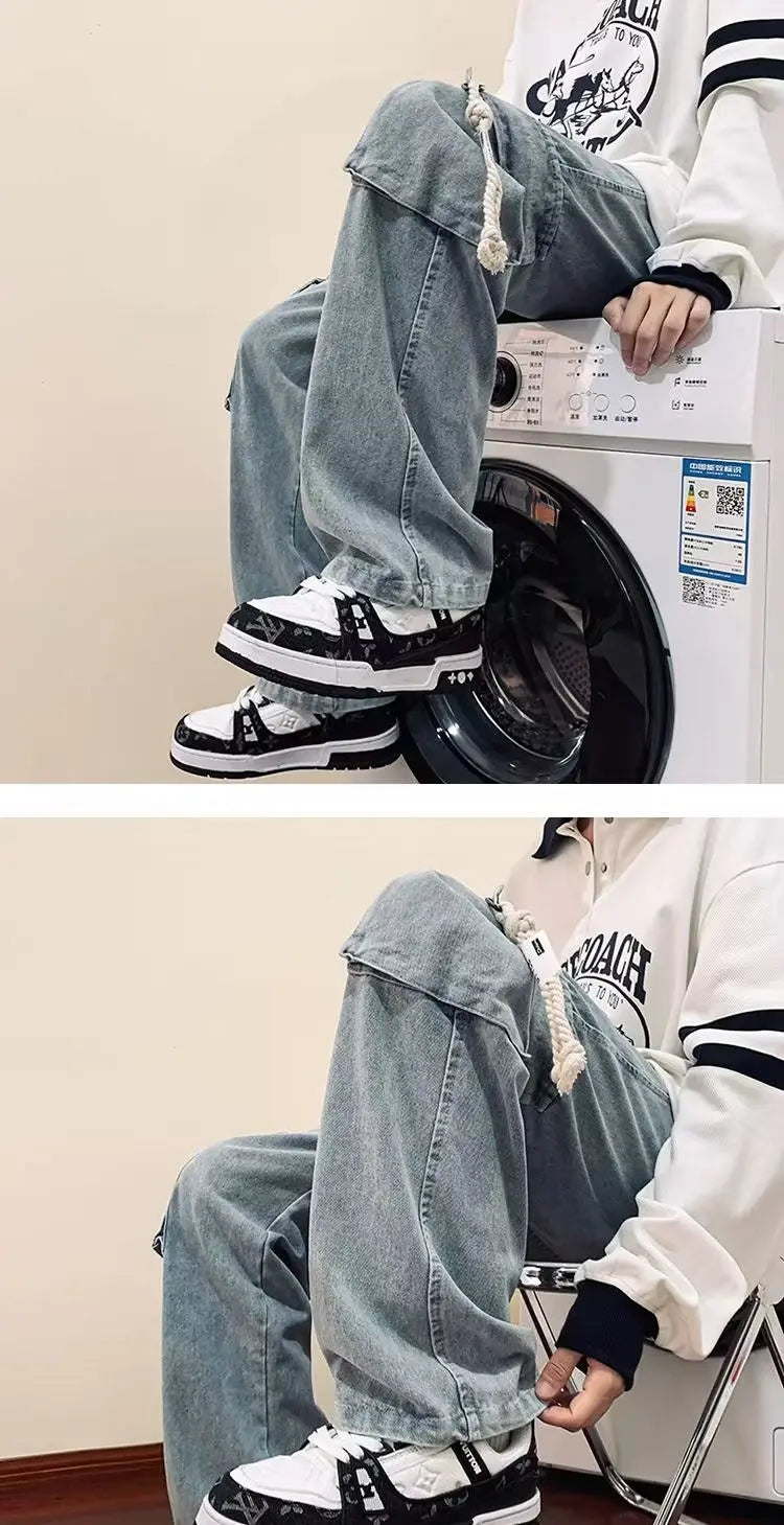 american retro and personalized straight leg jeans for men and women with hiphop big pocket design work pants loose casual pants unique jeans style 752